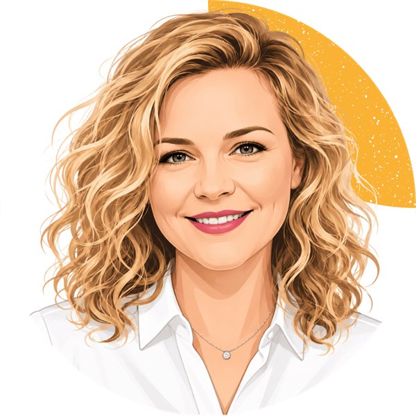 Illustriertes Porträt von Harriet, mit blonden Locken und weißer Bluse