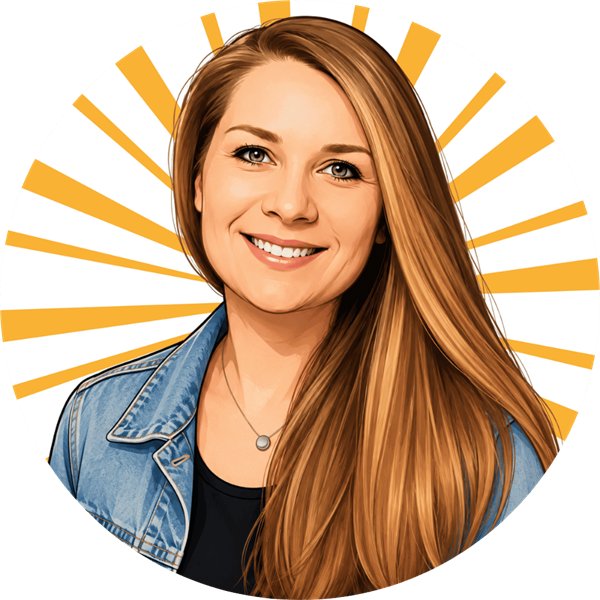 Illustriertes Porträt von Kerstin, mit Jeansjacke vor einem amberfarbenen Strahlenkranz