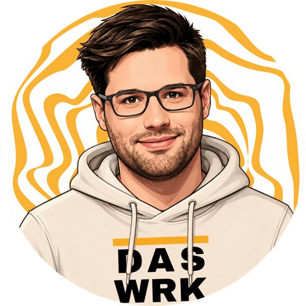 Illustriertes Porträt von Matthias, mit Brille und Kapuzenpullover mit der Aufschrift „DAS WRK“