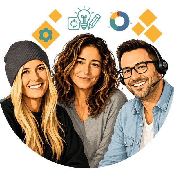 Illustrierte Gruppendarstellung von drei Personen des Operations-Teams, darüber Symbole für Datenverarbeitung, Gestaltung und Auswertung