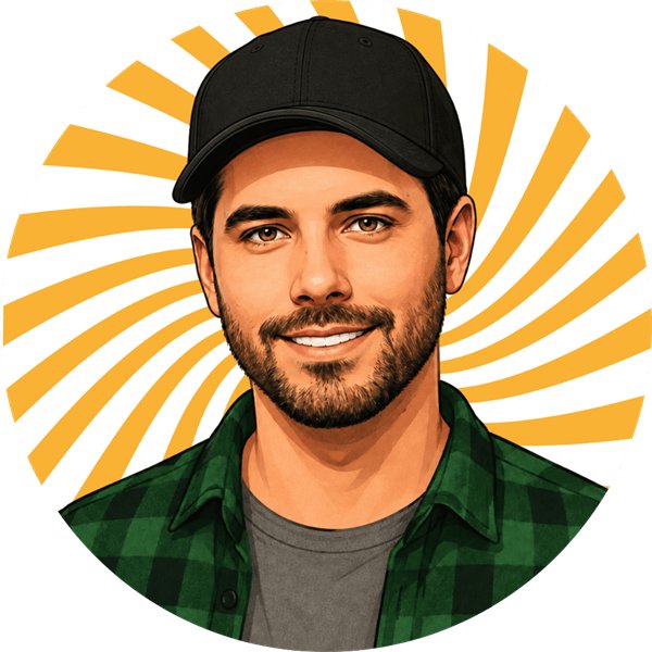 Illustriertes Porträt von Patrick, Leitung IT und Systeme, mit Kappe und grünem Karohemd