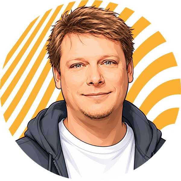 Illustriertes Porträt von Patrick, Head of New Business vor einem amberfarbenen Strahlenkranz
