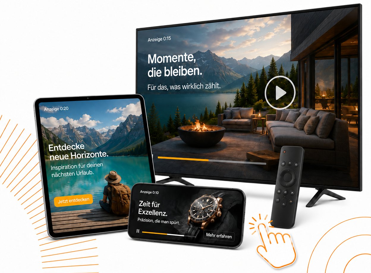 Ein großer Fernseher, ein Tablet und ein Smartphone zeigen jeweils einen laufenden Werbespot: oben links die Kennzeichnung „Anzeige“ mit einem Zähler, darüber gelegt eine Headline und beim Tablet und Smartphone ein Knopf zur Handlung. Unter jedem Bild läuft ein Fortschrittsbalken, daneben liegt eine Fernbedienung.