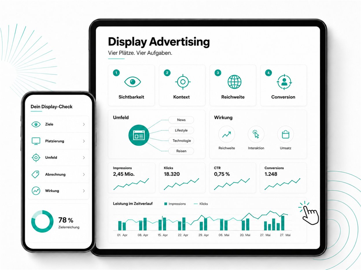 Ein Tablet und ein Smartphone zeigen eine Auswertungsansicht: auf dem Tablet die Zeilen &bdquo;Display Advertising&ldquo; und &bdquo;Vier Plätze. Vier Aufgaben.&ldquo;, darunter vier Kacheln mit Sichtbarkeit, Kontext, Reichweite und Conversion. Daneben ein Feld &bdquo;Umfeld&ldquo; mit den Kategorien News, Lifestyle, Technologie und Reisen sowie ein Feld &bdquo;Wirkung&ldquo; mit Reichweite, Interaktion und Umsatz. Darunter vier Kacheln mit Impressions, Klicks, Klickrate und Conversions sowie ein Balken-Linien-Diagramm über acht Wochen. Auf dem Smartphone &bdquo;Dein Display-Check&ldquo; mit Zielen, Platzierung, Umfeld, Abrechnung und Wirkung und einem Ring mit Zielerreichung.