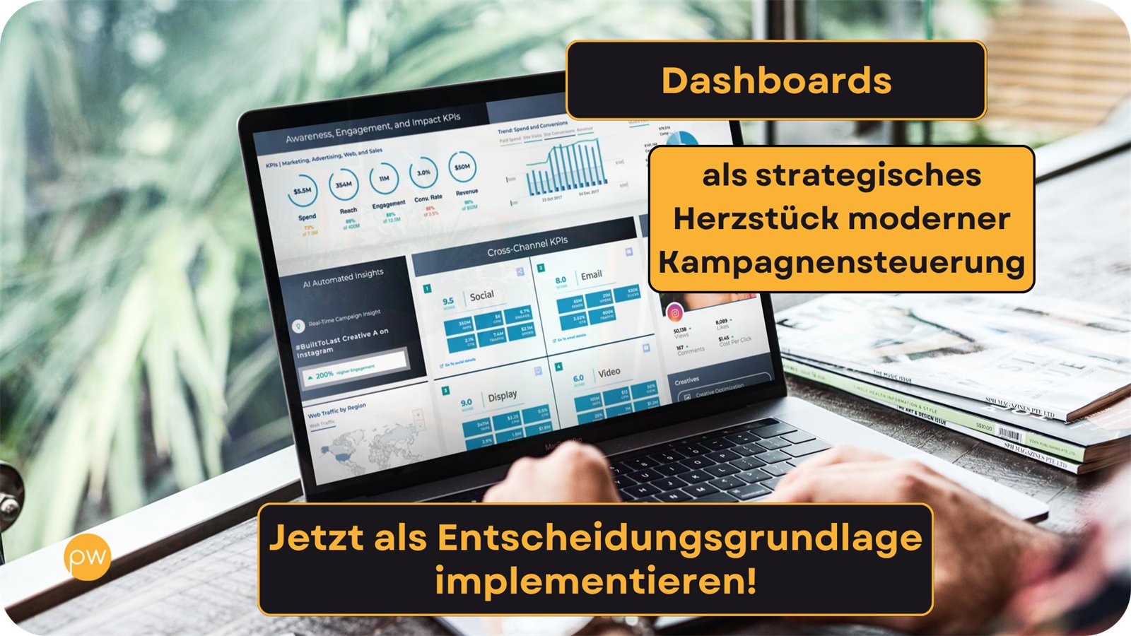 Ein Laptop auf einem Schreibtisch zeigt eine Auswertungsoberfläche mit Ringdiagrammen, Balkenverläufen und einer Kanalübersicht mit Beispielwerten. Darüber drei Textplatten: „Dashboards“, „als strategisches Herzstück moderner Kampagnensteuerung“ und „Jetzt als Entscheidungsgrundlage implementieren!“.