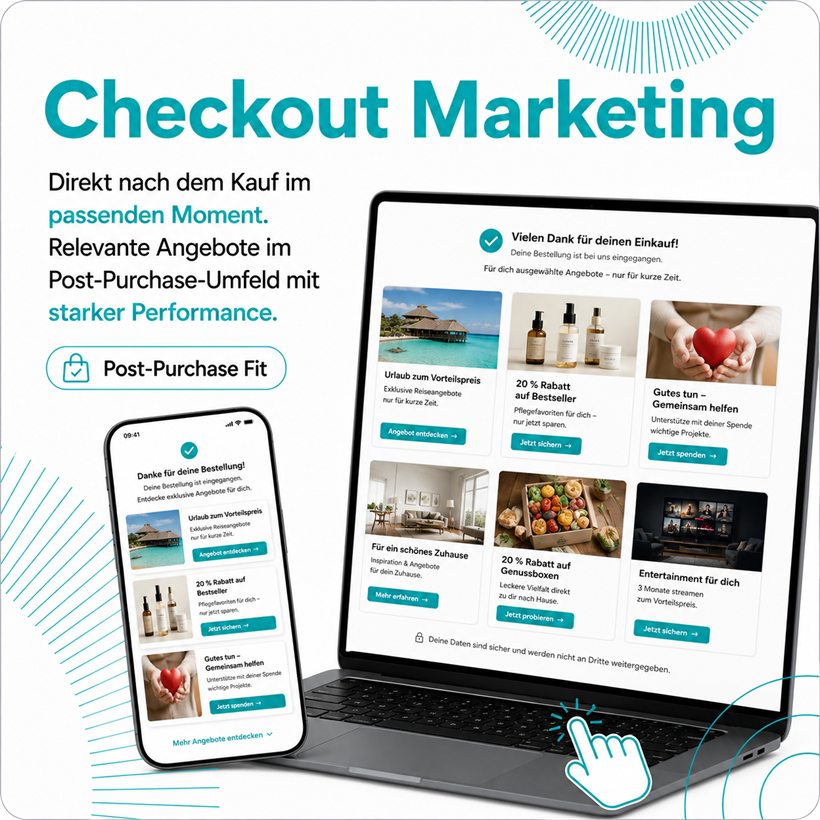 Checkout Marketing — direkt nach dem Kauf im passenden Moment. Laptop und Smartphone zeigen eine Bestellbestätigung mit passenden Zusatzangeboten.