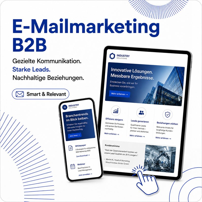 E-Mailmarketing B2B — gezielte Kommunikation an Entscheider. Tablet und Smartphone zeigen ein B2B-Mailing mit Whitepaper- und Webinar-Hinweisen.