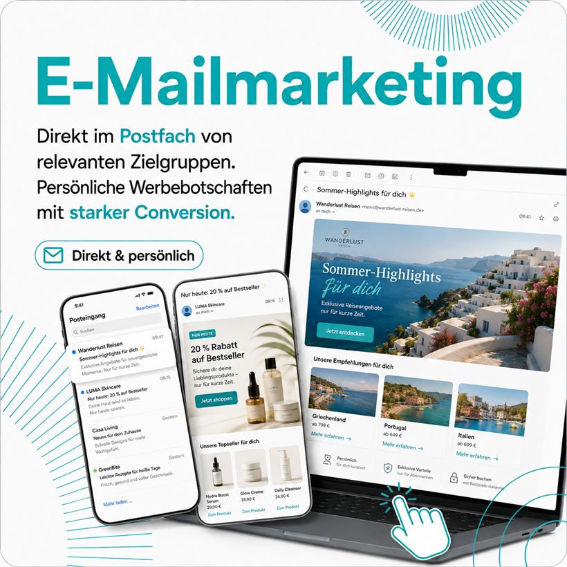 E-Mailmarketing — direkt im Postfach von relevanten Zielgruppen. Laptop und zwei Smartphones zeigen Posteingang und gestaltete Mailings.