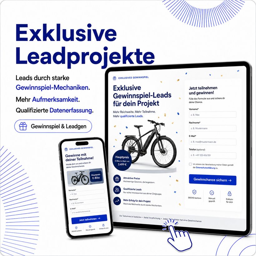 Exklusive Leadprojekte — eigene Leadstrecke mit Formular und Qualifizierung, dargestellt auf Bildschirm und Smartphone.