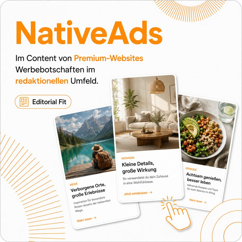 Native Ads — im Content von Premium-Websites. Drei Artikelkarten zu Reise, Wohnen und Ernährung im Stil redaktioneller Beiträge.