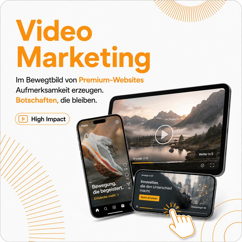 Video Marketing — im Bewegtbild von Premium-Websites. Tablet und Smartphones zeigen Videoanzeigen als In-Stream und Out-Stream.
