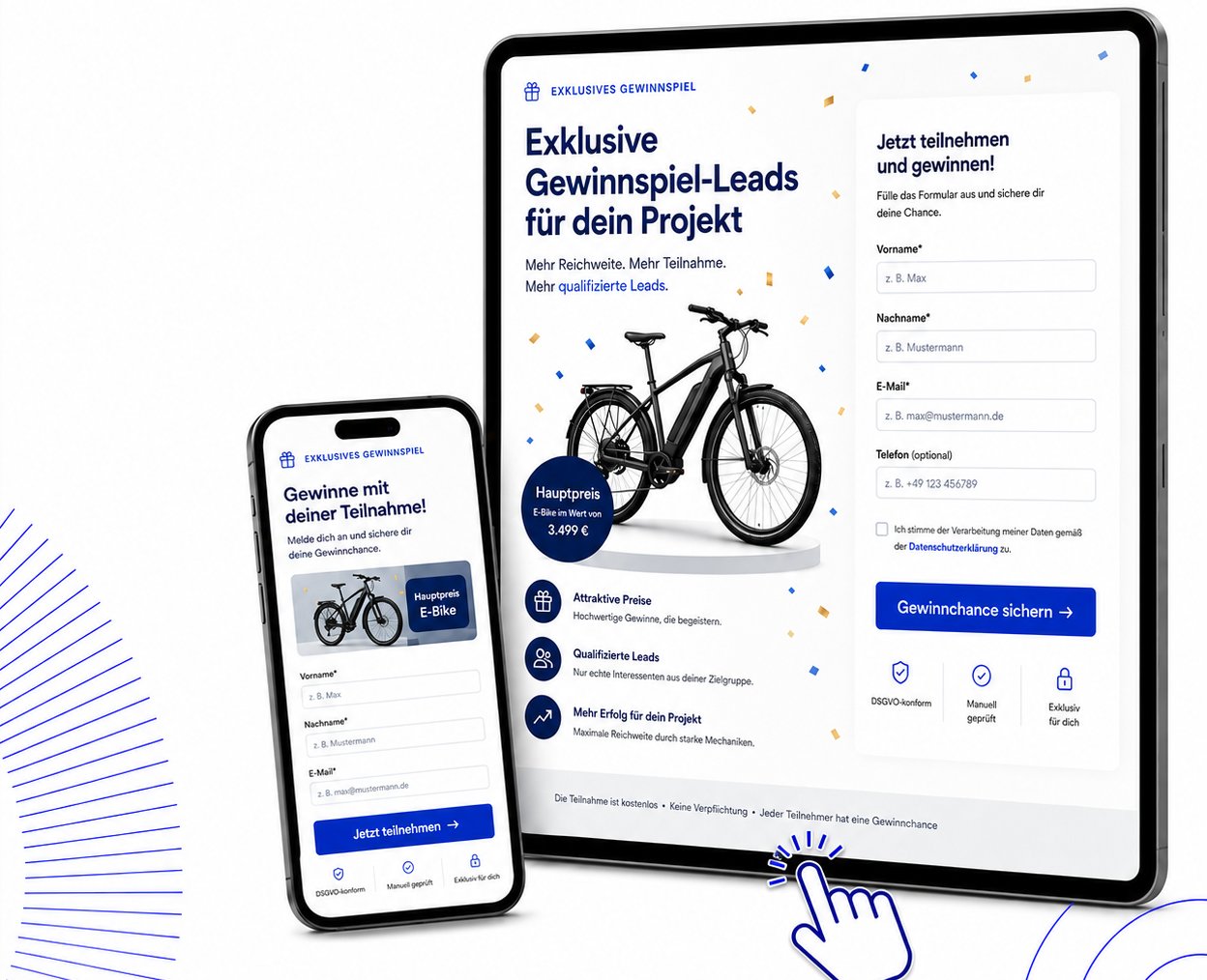 Ein Tablet und ein Smartphone zeigen dieselbe Gewinnspielseite: links die Auslobung mit einem E-Bike als Hauptpreis, rechts ein Anmeldeformular mit den Feldern Vorname, Nachname, E-Mail und Telefon als freiwilliger Angabe, darunter ein Ankreuzfeld für die Einwilligung mit Verweis auf die Datenschutzerklärung und ein Knopf zum Abschicken. Am unteren Rand drei Hinweiszeilen zur Teilnahme, davor ein Zeigefinger auf dem Absenden-Knopf.