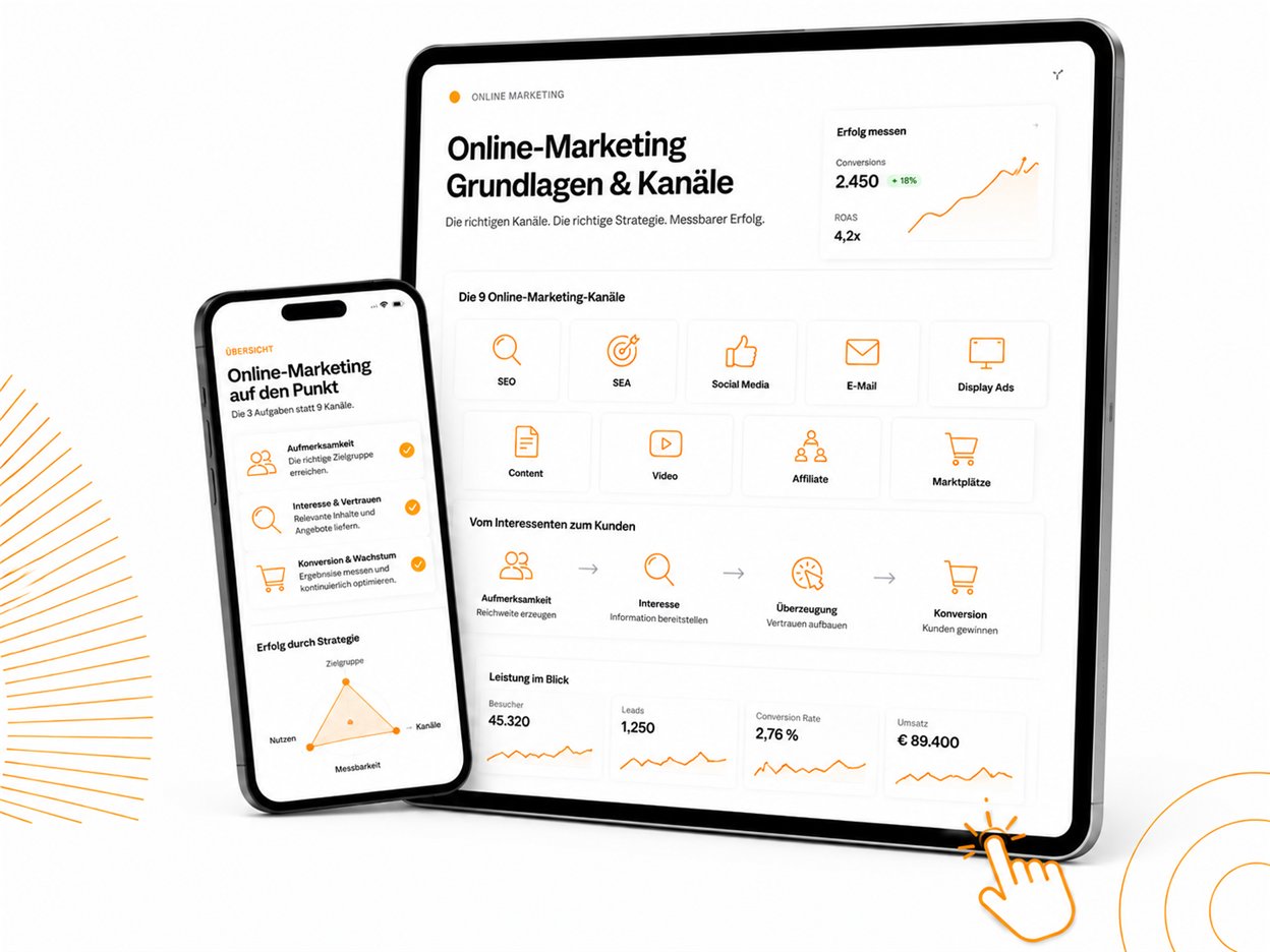 Ein Tablet und ein Smartphone zeigen eine Übersicht zum Online-Marketing: auf dem Tablet die Zeilen &bdquo;Online-Marketing Grundlagen & Kanäle&ldquo; und &bdquo;Die 9 Online-Marketing-Kanäle&ldquo; mit den Feldern SEO, SEA, Social Media, E-Mail, Display Ads, Content, Video, Affiliate und Marktplätze, darunter eine Strecke &bdquo;Vom Interessenten zum Kunden&ldquo; und vier Kennzahlenfelder mit Beispielwerten. Auf dem Smartphone &bdquo;Online-Marketing auf den Punkt&ldquo; mit den drei Aufgaben Aufmerksamkeit, Interesse & Vertrauen sowie Konversion & Wachstum.