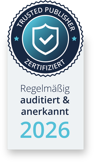 Siegelbanner der Initiative Trusted Publisher, zertifiziert — regelmäßig auditiert und anerkannt, Jahr 2026.