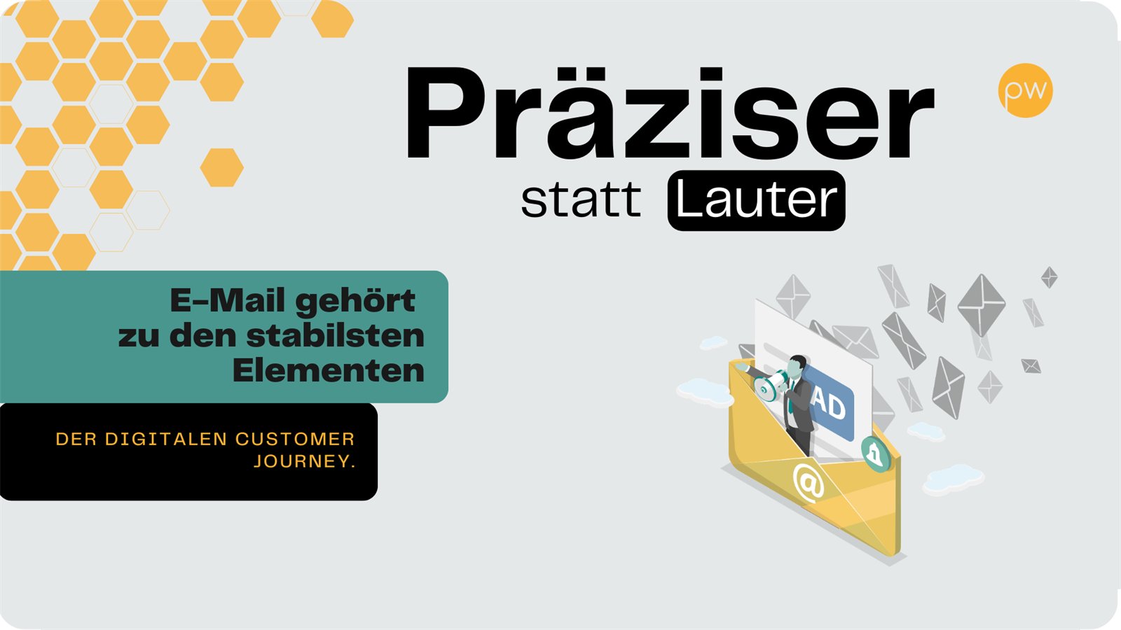 Grafik: links ein Wabenmuster, oben groß „Präziser statt Lauter“. Darunter in einem farbigen Kasten „E-Mail gehört zu den stabilsten Elementen“, dann „der digitalen Customer Journey“. Rechts eine Illustration: aus einem geöffneten Umschlag fliegen Briefsymbole und eine Karte mit der Aufschrift AD.