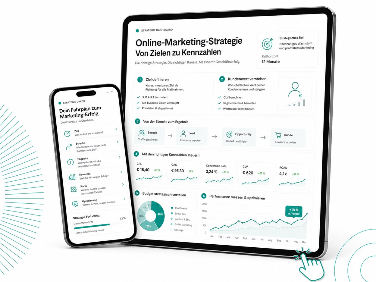 Ein Tablet und ein Smartphone zeigen ein Strategie-Dashboard: auf dem Tablet die Zeilen &bdquo;Online-Marketing-Strategie&ldquo; und &bdquo;Von Zielen zu Kennzahlen&ldquo;, darunter sechs nummerierte Schritte von &bdquo;Ziel definieren&ldquo; über &bdquo;Kundenwert verstehen&ldquo; und eine Strecke Besuch, Lead, Opportunity, Kunde bis zu &bdquo;Performance messen & optimieren&ldquo;, dazu fünf Kennzahlenfelder mit Beispielwerten und ein Kreisdiagramm zur Budgetverteilung. Auf dem Smartphone &bdquo;Dein Fahrplan zum Marketing-Erfolg&ldquo; mit den sechs Schritten Ziel, Strecke, Engpass, Kennzahl, Kanal und Optimierung.