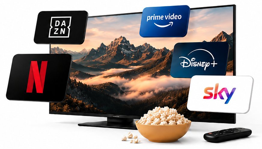 Ein Fernseher mit einem laufenden Landschaftsfilm, umgeben von den fünf Logos DAZN, Netflix, Prime Video, Disney+ und Sky. Davor eine Schale Popcorn und eine Fernbedienung.